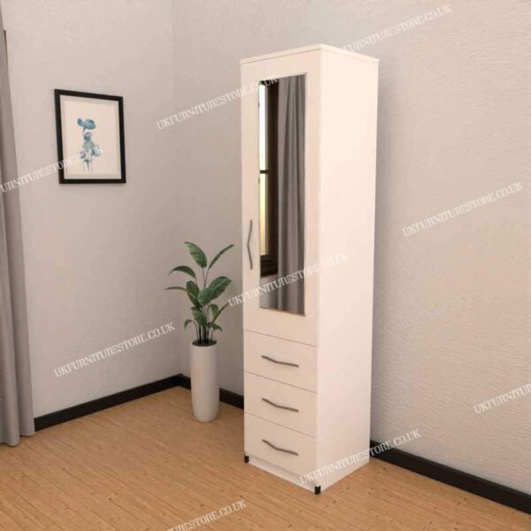 White 1 Door Mirrored Wardrobe With 3 Bottom Drawers