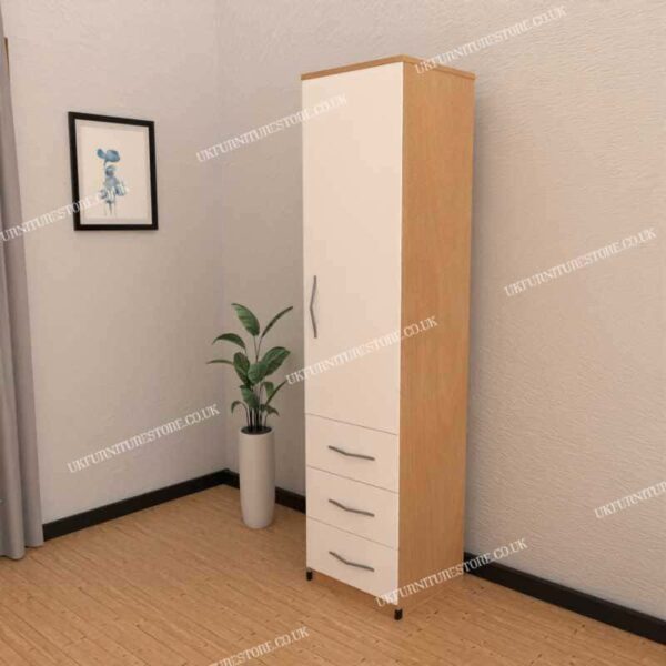 Front White Side Oak 1 Door Wardrobe With 3 Bottom Drawers