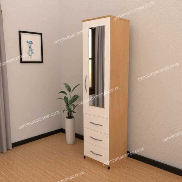Front White Side Oak 1 Door Mirrored Wardrobe With 3 Bottom Drawers