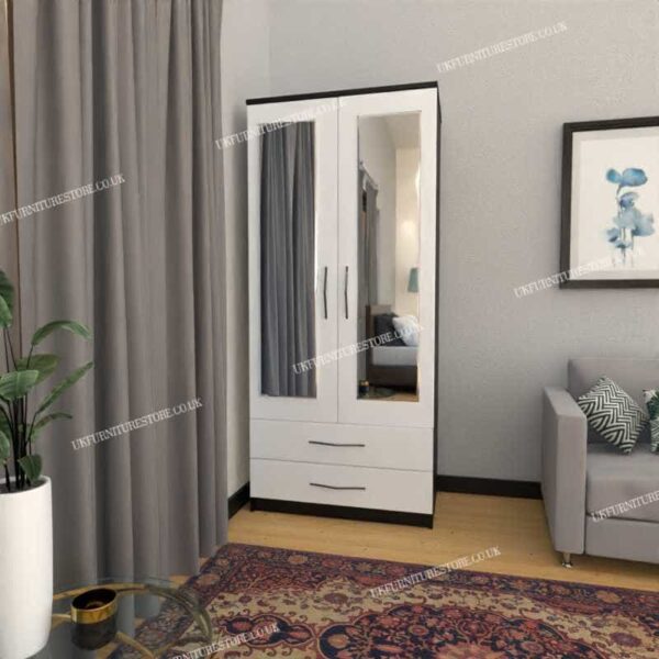 Front White Side Black 2 Door Wardrobe With 2 Mirrors and 2 Bottom Drawers