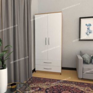 Front White Side Oak 2 Door Wardrobe With 2 Bottom Drawers