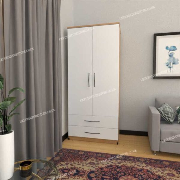 Front White Side Oak 2 Door Wardrobe With 2 Bottom Drawers