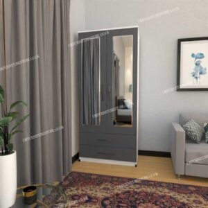 Front Gray Side White 2 Door Wardrobe With 2 Mirrors and 2 Bottom Drawers
