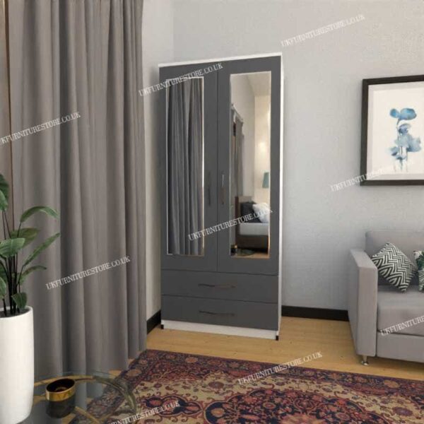 Front Gray Side White 2 Door Wardrobe With 2 Mirrors and 2 Bottom Drawers