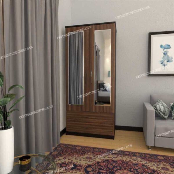 Front Walnut Side Black 2 Door Wardrobe With 2 Mirrors and 2 Bottom Drawers