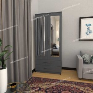 Gray 2 Door Wardrobe With 2 Mirrors and 2 Bottom Drawers