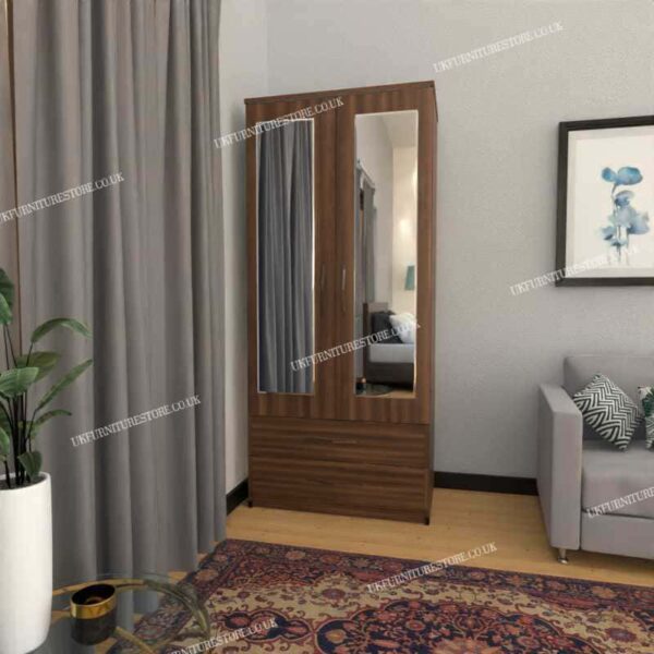 Walnut 2 Door Wardrobe With 2 Mirrors and 2 Bottom Drawers