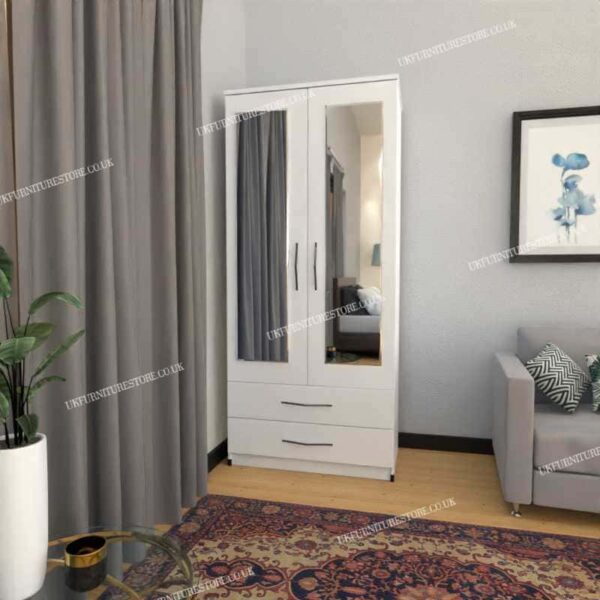 White 2 Door Wardrobe With 2 Mirrors and 2 Bottom Drawers