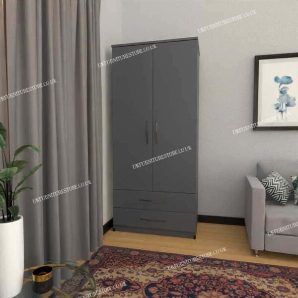 Gray 2 Door Wardrobe With 2 Bottom Drawers