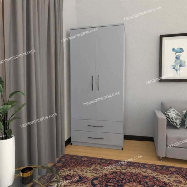 Silver 2 Door Wardrobe With 2 Bottom Drawers