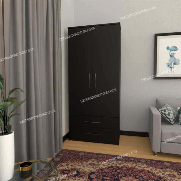 Black 2 Door Wardrobe With 2 Bottom Drawers