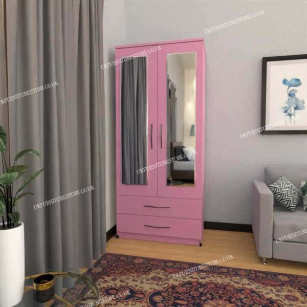 Pink 2 Door Wardrobe With 2 Mirrors and 2 Bottom Drawers