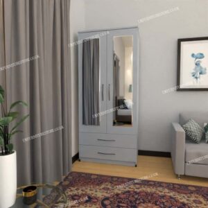 Silver 2 Door Wardrobe With 2 Mirrors and 2 Bottom Drawers