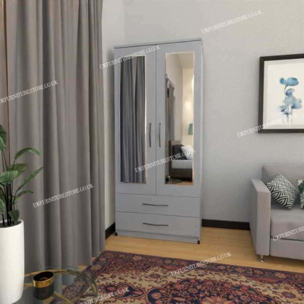 Silver 2 Door Wardrobe With 2 Mirrors and 2 Bottom Drawers