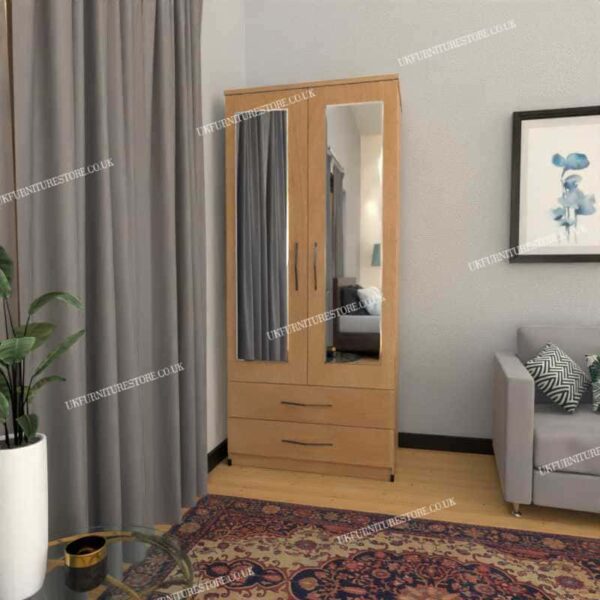 Beech 2 Door Wardrobe With 2 Mirrors and 2 Bottom Drawers