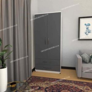 Front Gray Side White 2 Door Wardrobe With 2 Bottom Drawers