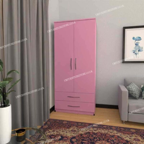 Pink 2 Door Wardrobe With 2 Bottom Drawers