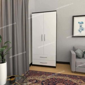 Front White Side Black 2 Door Wardrobe With 2 Bottom Drawers
