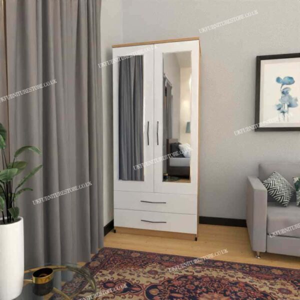 Two door wardrobe with mirror and drawers deals
