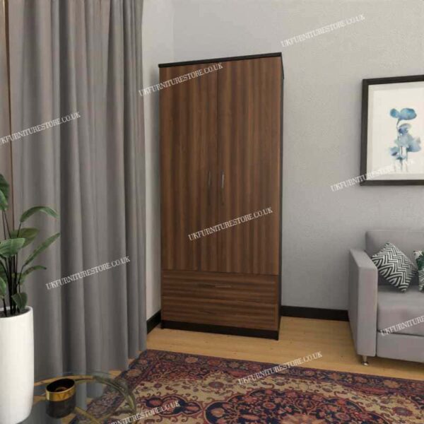 Front Walnut Side Black 2 Door Wardrobe With 2 Bottom Drawers