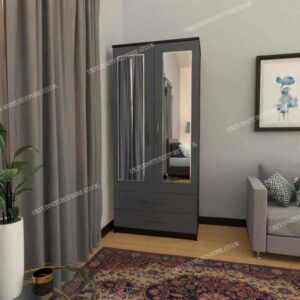Front Gray Side Black 2 Door Wardrobe With 2 Mirrors and 2 Bottom Drawers