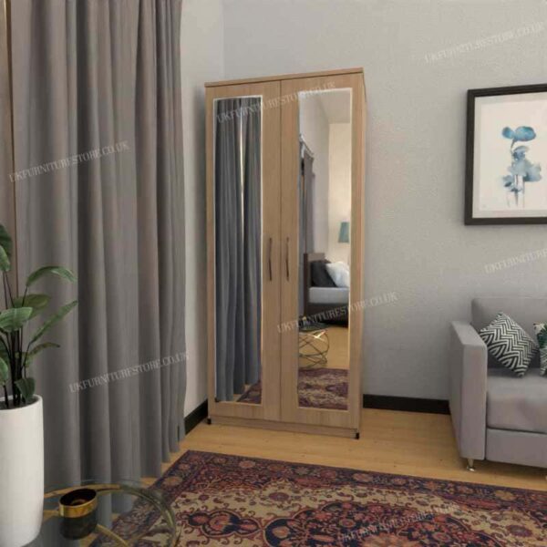 Oak 2 Door Wardrobe With 2 Mirrors