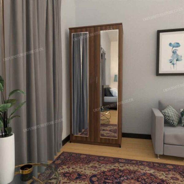 Walnut 2 Door Wardrobe With 2 Mirrors