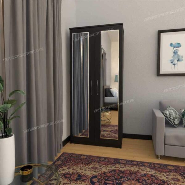 Black 2 Door Wardrobe With 2 Mirrors
