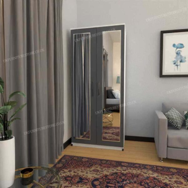 Front Gray Side White 2 Door Wardrobe With 2 Mirrors