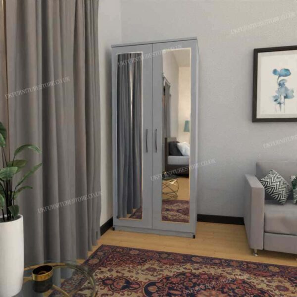 Silver 2 Door Wardrobe With 2 Mirrors