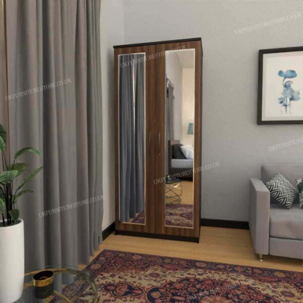 Front Walnut Side Black 2 Door Wardrobe With 2 Mirrors