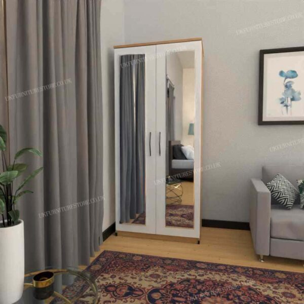 Front White Side Oak 2 Door Wardrobe With 2 Mirrors