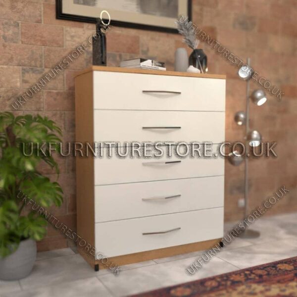 Front White Side Oak 5 Drawer Chest Drawer