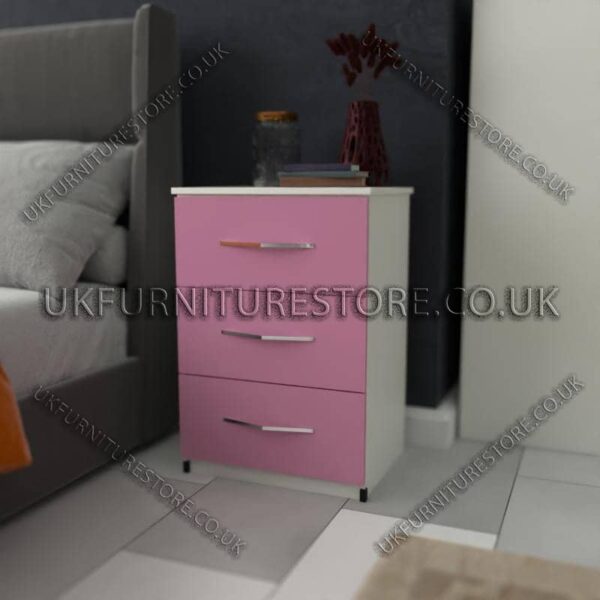 Front Pink Side White 3 Drawer Bedside Cabinet