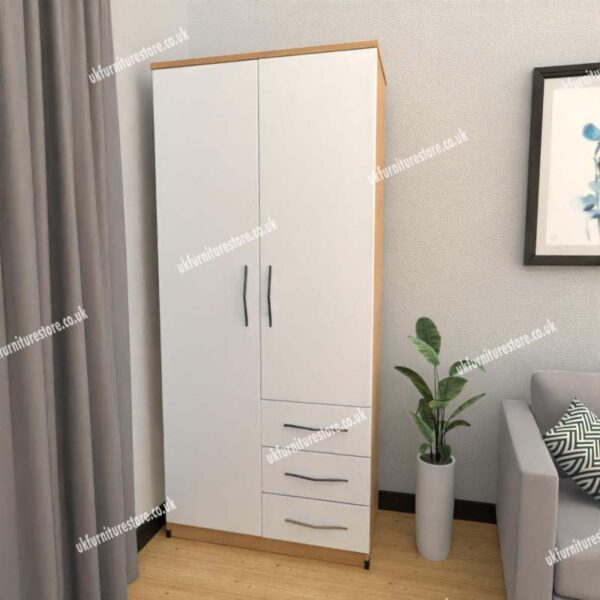 Front White Side Oak 2 Door Wardrobe With 3 Bottom Drawers