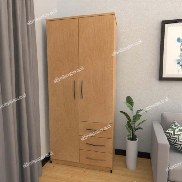 Beech 2 Door Wardrobe With 3 Bottom Drawers