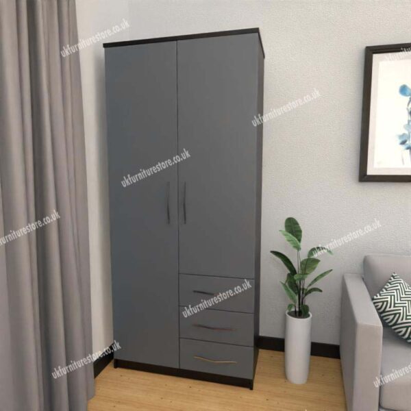 Front Gray Side Black 2 Door Wardrobe With 3 Bottom Drawers
