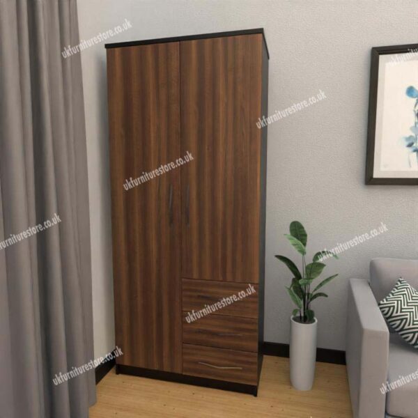 Front Walnut Side Black 2 Door Wardrobe With 3 Bottom Drawers