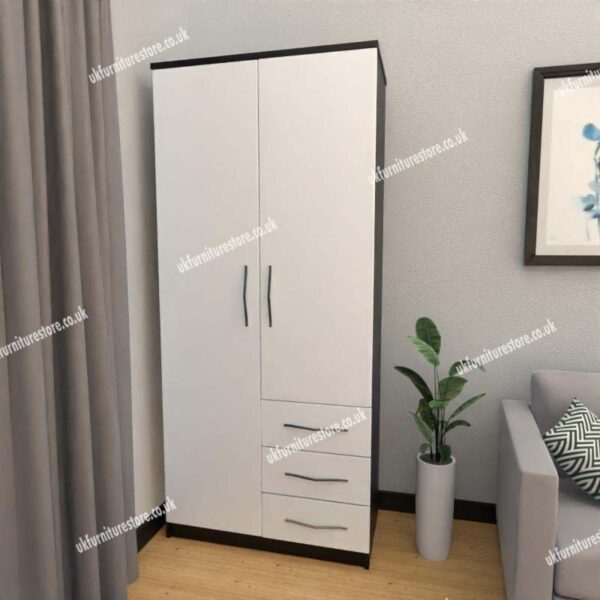 Front White Side Black 2 Door Wardrobe With 3 Bottom Drawers