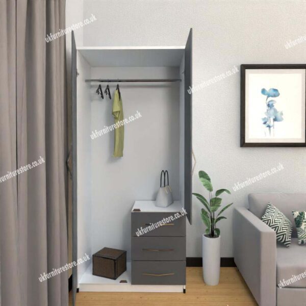 Front Gray Side White 2 Door Wardrobe With 3 Bottom Drawers