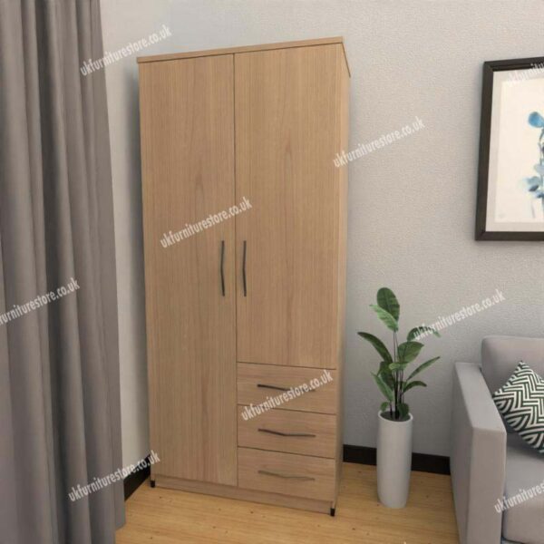 Oak 2 Door Wardrobe With 3 Bottom Drawers