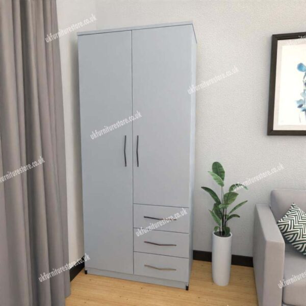 Silver 2 Door Wardrobe With 3 Bottom Drawers