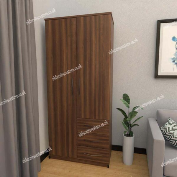 Walnut 2 Door Wardrobe With 3 Bottom Drawers