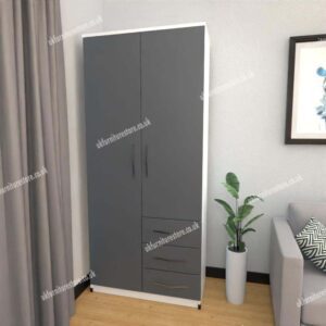 Front Gray Side White 2 Door Wardrobe With 3 Bottom Drawers