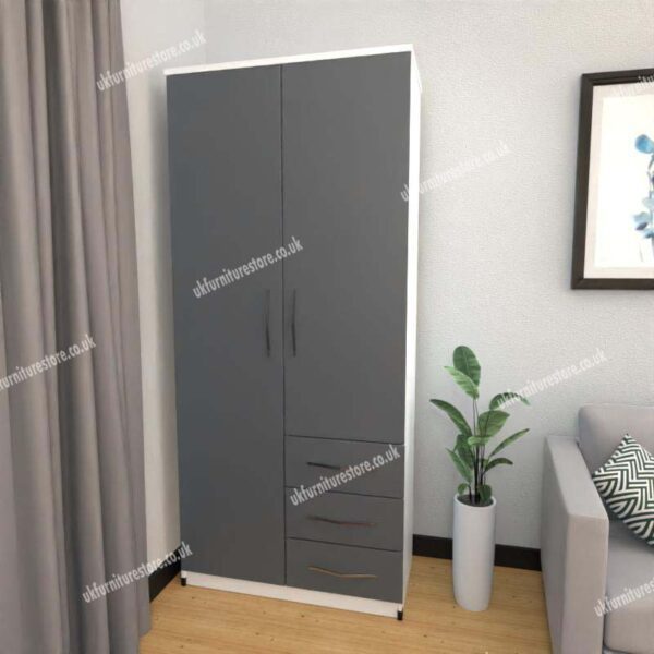 Front Gray Side White 2 Door Wardrobe With 3 Bottom Drawers