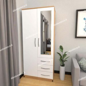 Front White Side Oak 2 Door Wardrobe With 1 Mirror and 3 Bottom Drawers