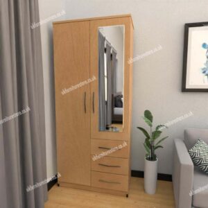 Beech 2 Door Wardrobe With 1 Mirror and 3 Bottom Drawers