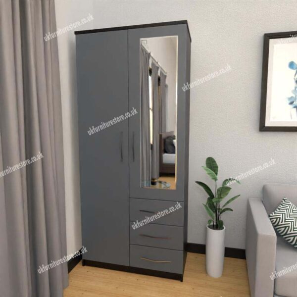 Front Gray Side Black 2 Door Wardrobe With 1 Mirror and 3 Bottom Drawers