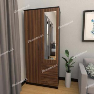 Front Walnut Side Black 2 Door Wardrobe With 1 Mirror and 3 Bottom Drawers