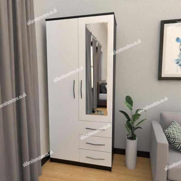 Front White Side Black 2 Door Wardrobe With 1 Mirror and 3 Bottom Drawers